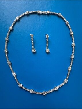 Diamond-Style Silver Tennis Necklace & Drop Earrings Set
